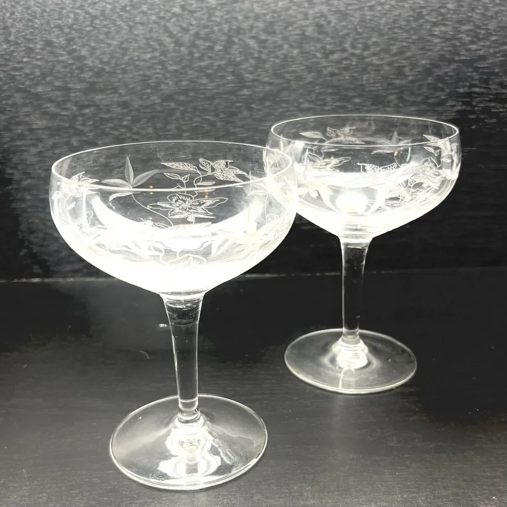 Vintage Etched Champagne/ Sherbet Glasses -Valentines- Set of 2 Floral Design 5”